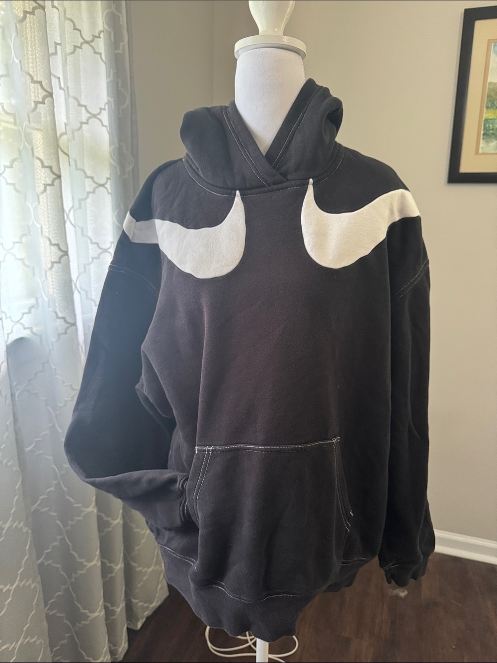 Nike Black Pullover Hoodie with White Swoosh Panels - Men